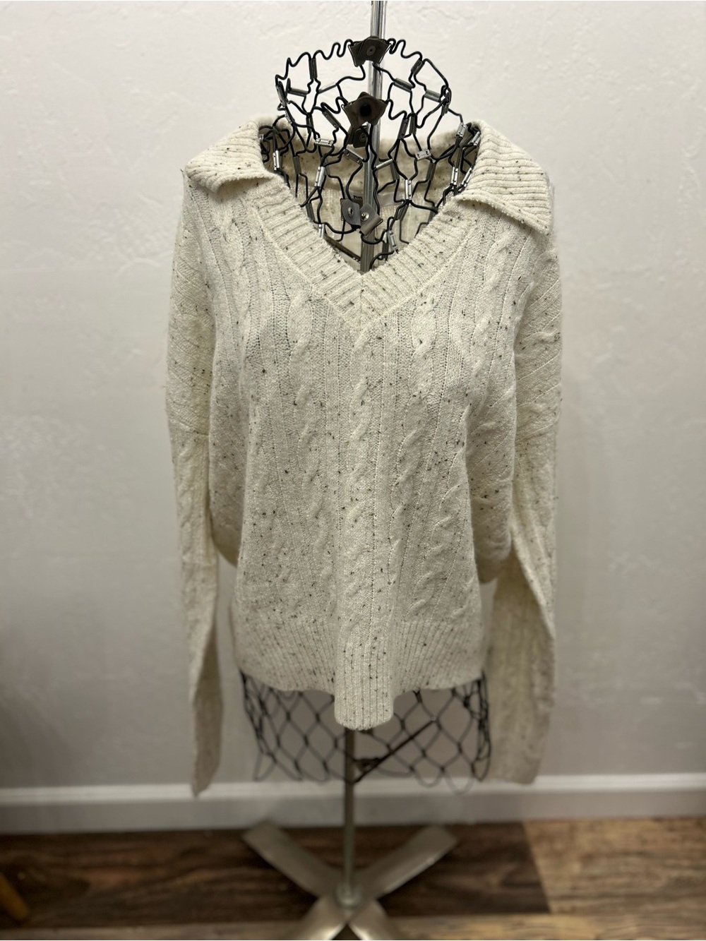 DR2 Cable Knit Sweater‎ Cream Speckled Off Shoulder Cozy Pullover S